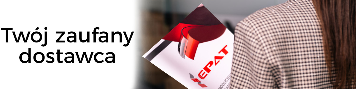 Kobieta trzymająca katalog Epat, obok napis "twój zaufany dostawca"
